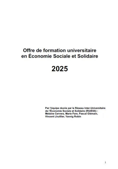 Page de couverture de l'offre de formations en ESS par le RIUESS